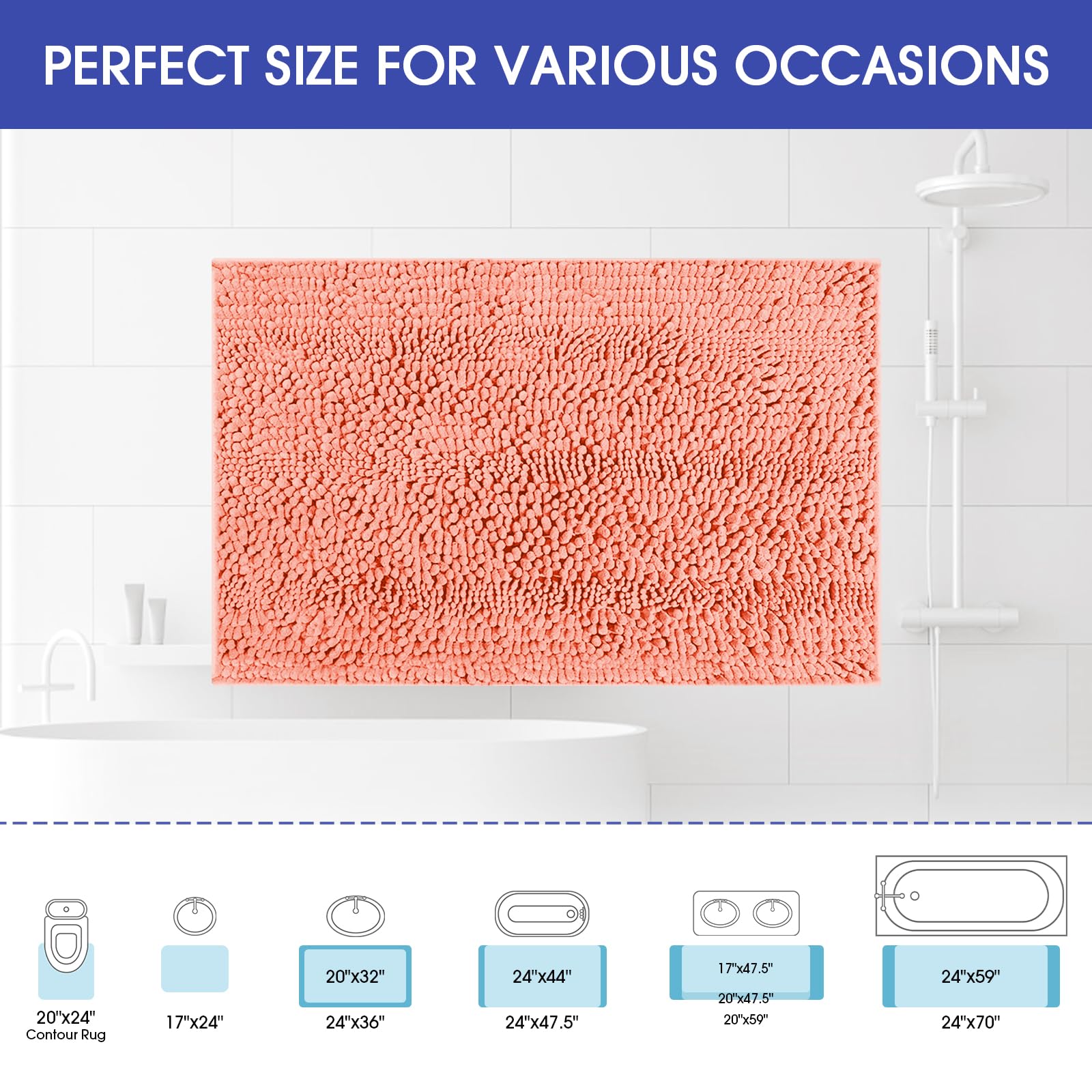 Accumtek Striped Coral Bathroom Rug Mat 32''X20'' Ultra Soft, Non Slip Chenille Bath Rugs, Absorbent Plush Shaggy Bath Mats For